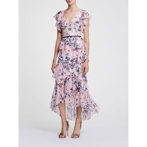 MARCHESA notte Pink Floral Flutter Sleeve V-neck Tea-Length Gown